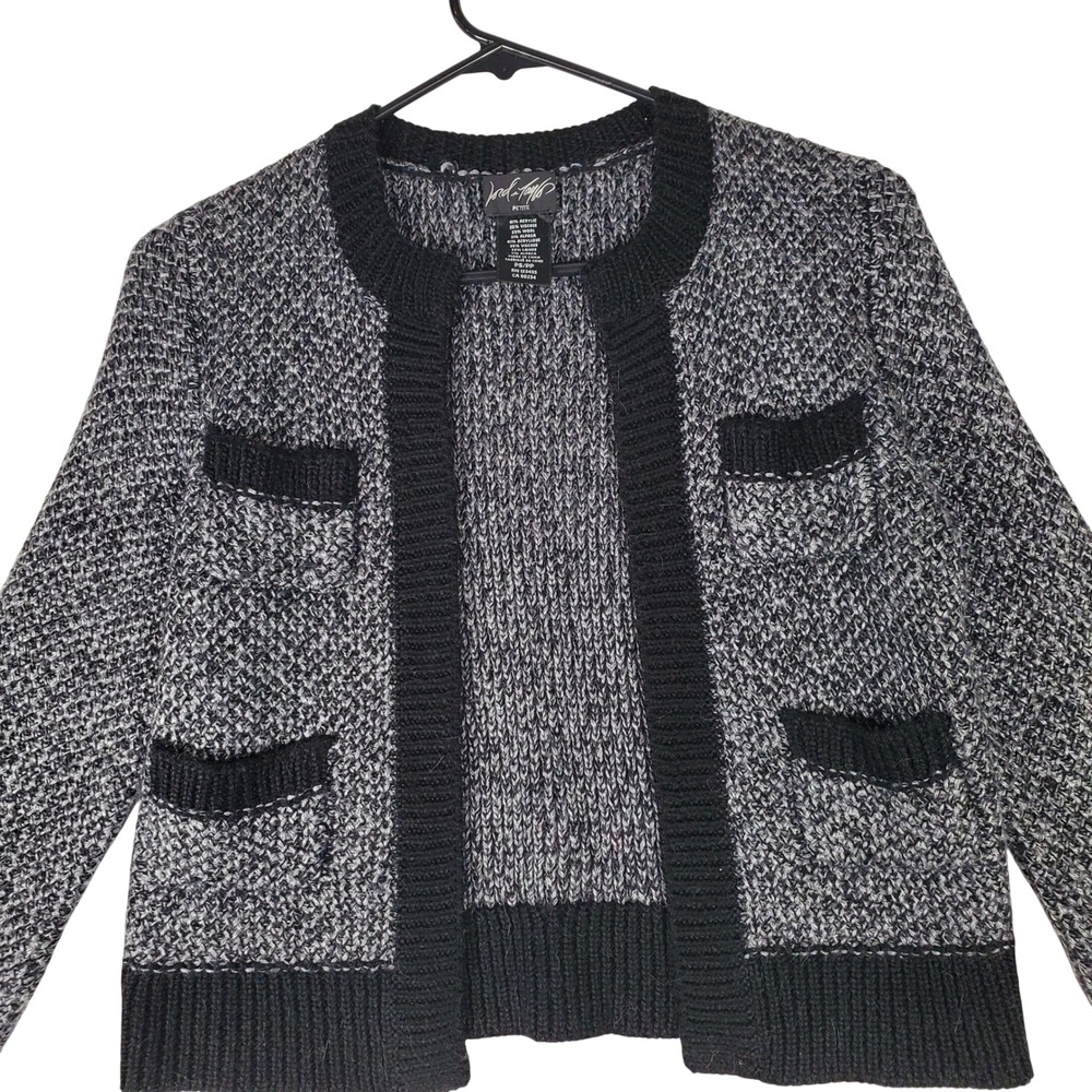 Lord & Taylor Petite Black Gray Marled Wool Alpaca Blend Open Front Cardigan PS
